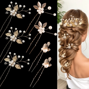 Épingles À Cheveux Fait Main Feuilles Dorées Et Künstliche Perles Artificielles Coiffe De Mariée Accessoire En Alliage Pour Femmes