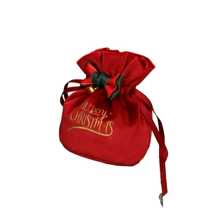 Red velvet Christmas drawstring gift bag with bow and Merry Christmas gold print