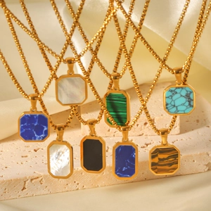 Gold stainless steel box chain necklaces with assorted gemstone octagon pendants