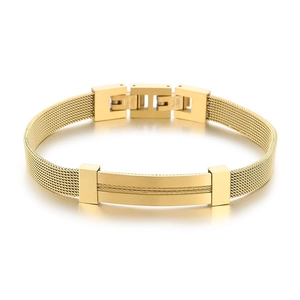 Elegant golden stainless steel mesh bracelet with central plate design on white background