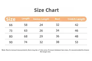 Detailed size chart for baby hooded romper showing length and chest measurements in CM