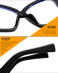 Macro detail of ergonomic nose pads and temples on glossy black butterfly eyeglass frames