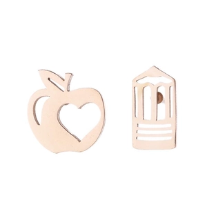 Detail of rose gold apple earrings featuring a heart cutout and striped column charms