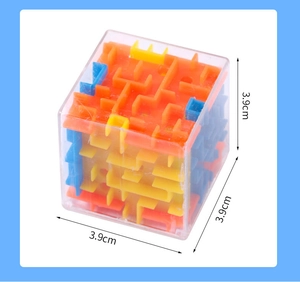 Detail showing 3.9cm compact 3D cube maze puzzle with colorful inner rotating paths