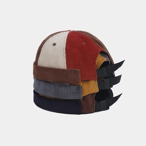 Retro Color Block Corduroy Docker Hat Unisex Brimless Miki Cap Adjustable Cotton Polyester Blend Hip Hop Style