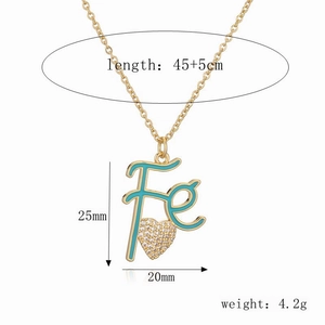 Detail view of gold Fe letter heart pendant necklace with size and weight dimensions