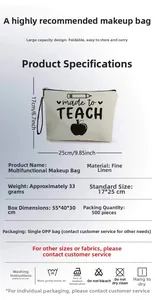 Detailed dimensions of 17x25cm beige canvas teacher makeup bag with black zipper