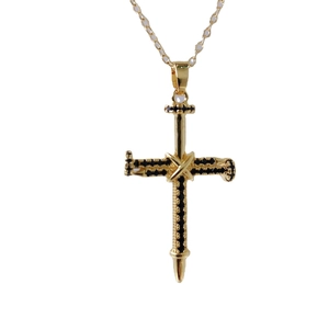 14K gold plated nail cross pendant necklace with black micro-pave cubic zirconia