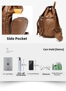Brown vintage leather backpack featuring side zipper pocket and large capacity storage details