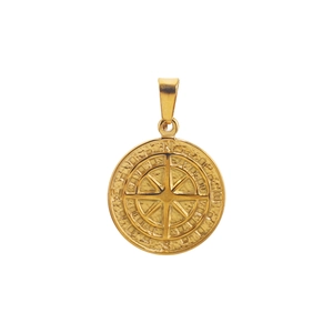 Close-up of golden compass pendant with NESW engravings and polished steel finish