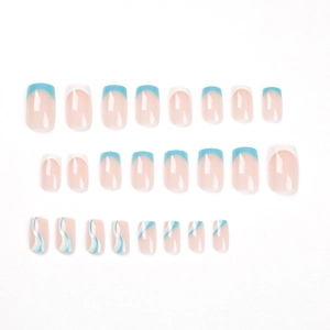 24pcs French short square-oval press-on nails with blue and white wavy line patterns