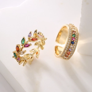 Rainbow Zirconia Adjustable Open Ring Gold Plated Copper Leaf Geometric Jewelry For Women