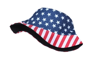 Unisex US flag bucket hat featuring white stars on navy and red striped brim design