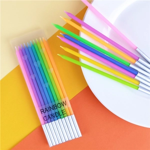 Rainbow gradient long thin birthday candles set in transparent box with silver holders