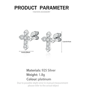 Detailed view of S925 sterling silver cross stud earrings with sparkling zircon stones