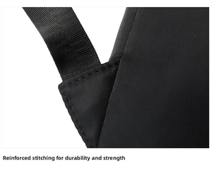Close-up of reinforced stitching on black nylon shoulder straps for travel backpack