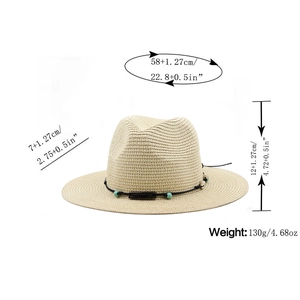 Détail du chapeau Panama en paille beige avec ruban perlé turquoise et cordon noir