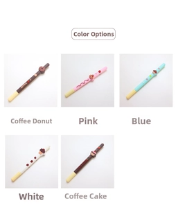 Detailed view of five colorful silicone pens with donut and cupcake dessert decorations