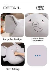 Detail of soft grey elephant plush with embroidered eyes and premium plush fabric texture