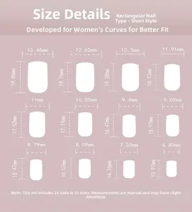 Size chart showing 24 pieces of short square press-on nails in 12 different dimensions