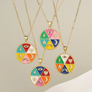 Bohemian Gold Plated Copper Necklace Round Colorful Enamel Pendant Cubic Zirconia Evil Eye Moon Star Fashion Jewelry For Women