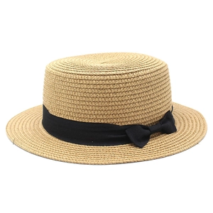 Classic flat top straw boater hat with black ribbon bow for summer sun protection