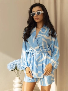 Women Printed Loungewear Long Sleeve Wrap Top And Shorts Pajamas Casual Soft Vacation Sleepwear