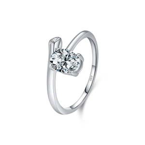 Elegant S925 sterling silver ring featuring a large oval simulated diamond and sleek irregular lines