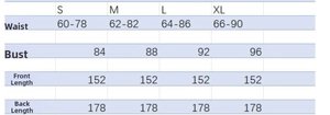 Size guide for maternity photography dress including bust, waist, and length measurements