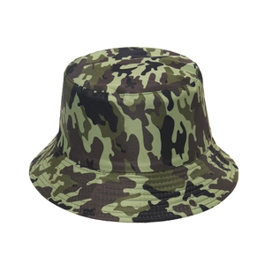 Detailed view of camo bucket hat with reinforced brim stitching and jungle camouflage pattern