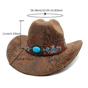 Brown western cowboy hat with snake texture, blue floral band and turquoise gemstone