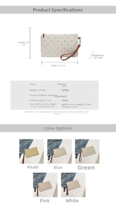 Detailed dimensions and floral print patterns of the canvas envelope clutch bag