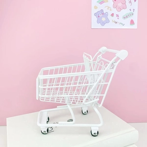 Mini white iron desktop storage basket in cute supermarket shopping cart design