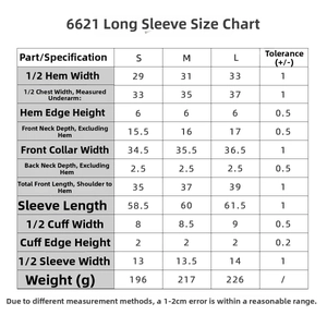 Detailed size chart for seamless sports t-shirt showing S, M, and L dimensions clearly