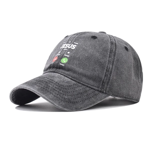 Vintage washed charcoal cotton baseball cap with creative Jesus Calling phone screen design