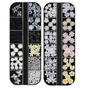 Two 12-grid cases with mixed aurora butterfly and pearl 3D nail art charms