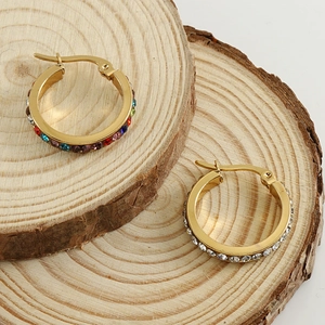 18K gold plated stainless steel hoop earrings with rainbow and white crystals