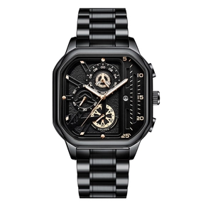 YOLAKO Men Business Square Quartz Watch With Alloy Stainless Steel Band Auto Date Calendar Multidial Chronograph Fashion Wristwatch
