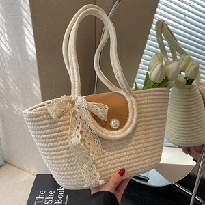 French Style Hand Woven Cotton Rope Tote Bag With Artificial Pearl Button Leather Cover And Lace Ribbon Women Beach Vacation Handbag