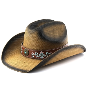 Vintage western cowboy straw hat with gradient weave and floral embroidery band
