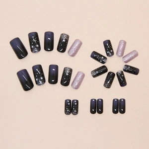 Starry night press-on nails with dark purple gradient and glitter stars, 24 piece set
