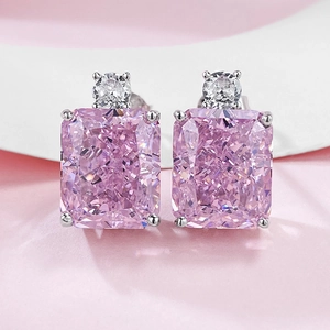 Luxurious square-cut pink carbon diamond earrings in 925 silver four-prong setting