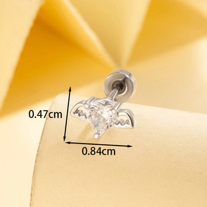 Titanium steel angel wing heart stud earring in silver with zircon stone 0.47x0.84cm