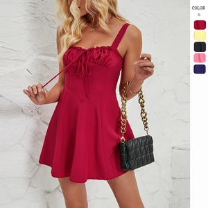 Women Mini Dress Ruched Bust Spaghetti Strap Tie Front Solid Color A-Line Summer Party Sexy High Waist Polyester