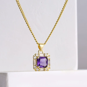 Square Cubic Zirconia Pendant Necklace For Women Copper With 18K Gold Plated Elegant Retro INS Fashion Jewelry