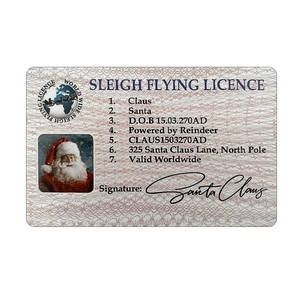 Macro view of Santa Claus Sleigh Flying Licence card with reindeer power details