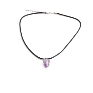 Natural raw amethyst crystal stone pendant necklace with adjustable black wax cord cord