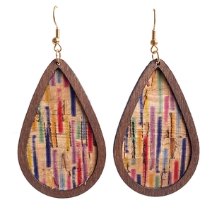 Rainbow striped vintage wood grain teardrop earrings with gold hooks on white background
