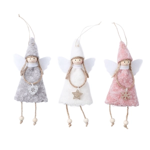 Three plush Christmas angel ornaments in grey, white and pink with wooden beads