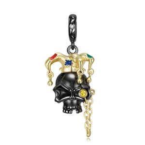 Unique gold-plated clown skull pendant with dollar sign monocle and enamel details
